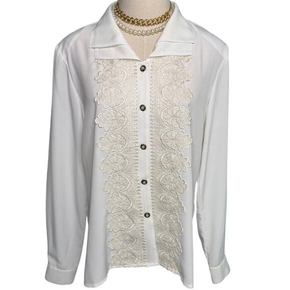 Vintage Kathy Che double collar fancy button lace front secretary blouse size 8 - Picture 1 of 6